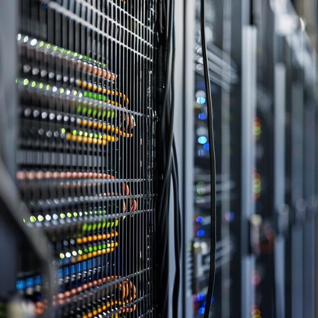 Enterprise hardware setup with high-performance workstation and monitors